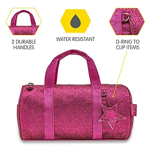 Bixbee Kids Duffle Bag, Dance Bag & Travel Bag for Sports, Gymnastics and Ballet with Adjustable Strap, Zippers, Pockets, and Flake-Resistant Glitter - Overnight Bag in Ruby Raspberry.
